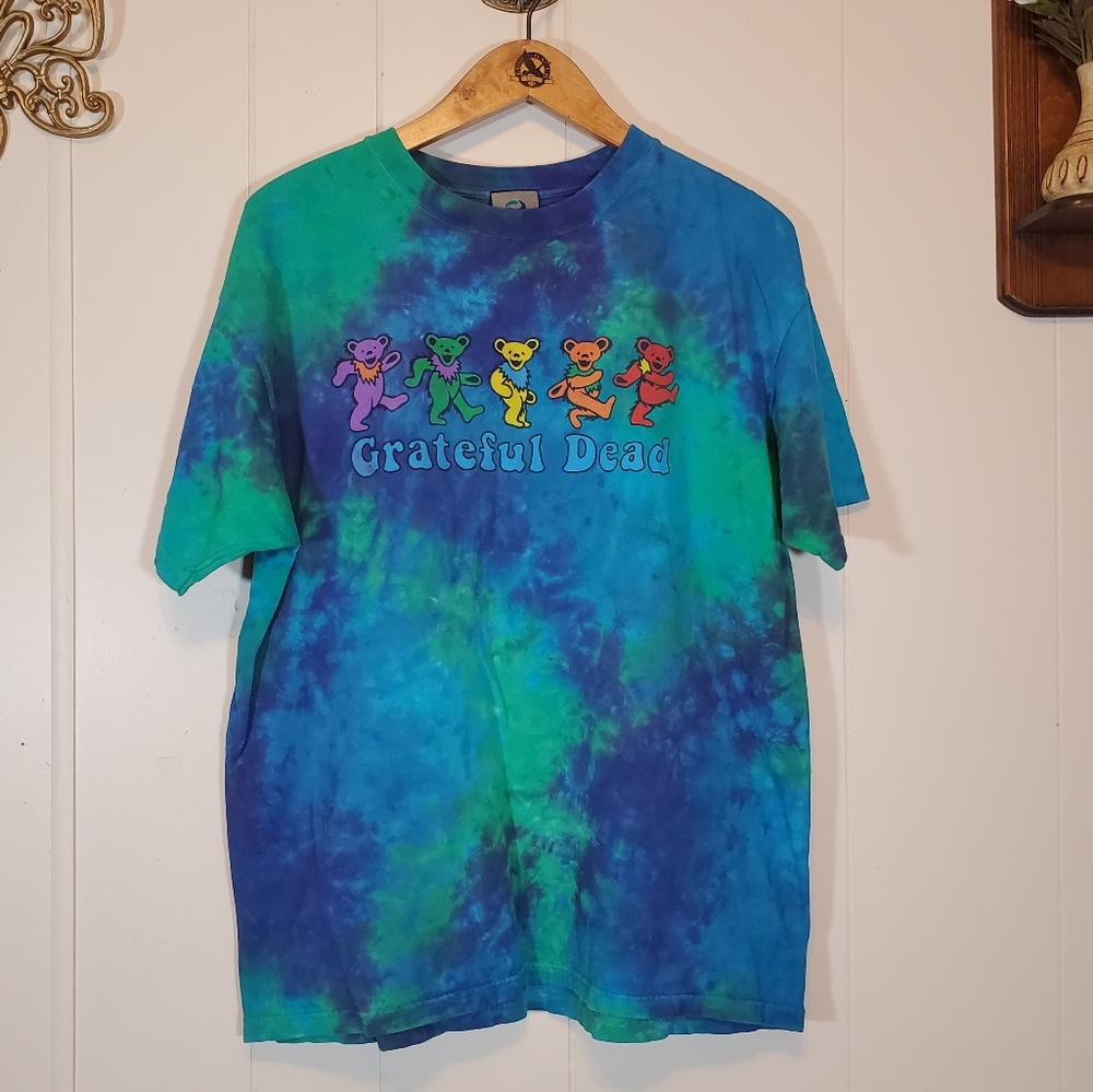 Vintage Liquid Blue Tie Dye Blue Green Cotton Grateful Dead Bears T Shirt Large